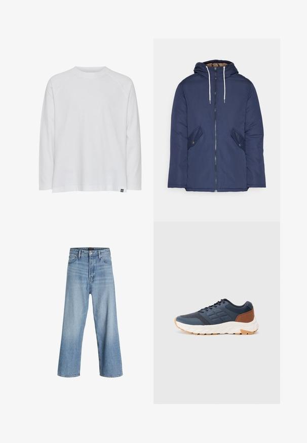 Navy blue padded jacket with a hood, featuring a front zipper, two side pockets with buttons, and white drawstrings.; White long-sleeve t-shirt with a round neckline, a relaxed fit, and raglan sleeves. Made of soft cotton fabric; features a small brand label.; Light blue wide-leg jeans made of denim, featuring a high waist, classic five-pocket design, and button closure with a zip fly.; Navy blue athletic shoes with a brown heel accent, textured mesh upper, padded collar, and white rubber sole with a patterned tread.