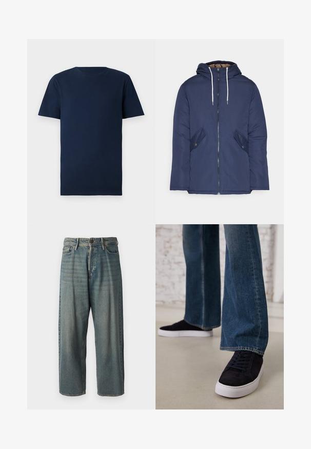 Jachetă căptușită bleu marin cu glugă, având un fermoar frontal, două buzunare laterale cu nasturi și șnururi albe.; Tricou din bumbac de culoare bleu marin, cu mâneci scurte, de tip crew neck, și o potrivire regulată. Textură netedă, fără modele sau accesorii vizibile.; Jeans din denim bleu deschis, cu o croială lejeră, talie medie și picioare drepte. Au cinci buzunare, bucle pentru curea și închidere cu nasture.; Tenisi din suede albastru închis, cu talpă de cauciuc albă și șireturi, asortați cu blugi cu picioare largi într-o nuanță medie de albastru.