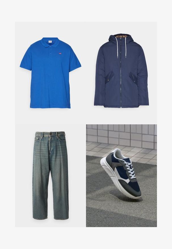 Casaco acolchoado azul-marinho com capuz, apresentando um fecho frontal com zíper, dois bolsos laterais com botões e cordões brancos.; Levi's® Plus Polo - true blue; Jeans de ganga azul claro com um corte solto, cintura média e pernas retas. Apresenta cinco bolsos, passadores de cinto e fecho com botão.; Sapatilha com parte superior em malha azul-marinho, detalhes em camurça cinza, sola de borracha branca e atacadores brancos planos, projetada para conforto e respirabilidade.