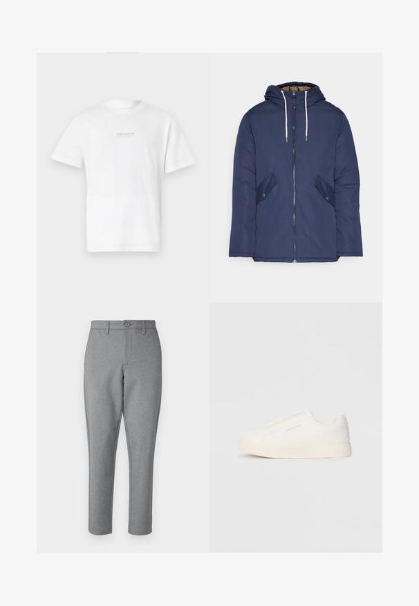 Mornarsko modra podložena jakna s kapuco, ki ima sprednji zadrgo, dva stranska žepa s gumbi in bele vrvice.; Bela bombažna majica s kratkimi rokavi, okroglim izrezom in preprostim tiskanjem logotipa na sprednji strani. Gladka tekstura in standardna prileganje.; Sive prirejene hlače z subtilno teksturo, ravnim krojem in sprednjim gumbom za zapiranje. Imajo pasne zanke in stranske žepe.; Bele zapete brez vezalk z teksturirano površino, debelim podplatom in minimalističnim dizajnom. Na strani se nahaja logotip blagovne znamke.