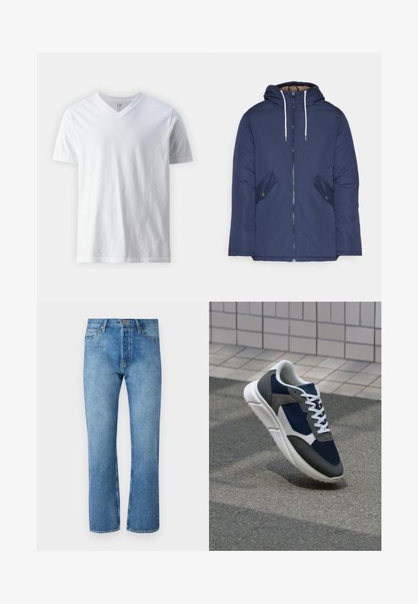 Námornícky modrá vystužená bunda s kapucňou, so zipsom vpredu, dvomi bočnými vreckami s gombíkmi a bielymi šnúrkami.; Biele tričko s krátkym rukávom a výstrihom do V vyrobené z bavlny. Má jednoduchý design s hladkou textúrou a voľným strihom.; Svetlomodré riflové nohavice s rovnými nohavicami, ktoré majú klasický dizajn s piatimi vreckami, zapínanie na gombík a kontrastné prešívanie.; Tenisky s sieťovinou v námorníckej modrej farbe, so sivými semišovými detailmi, bielou gumovou podrážkou a plochými bielymi šnúrkami, navrhnuté pre pohodlie a priedušnosť.
