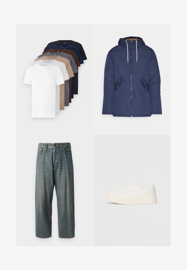 Navy blue padded jacket with a hood, featuring a front zipper, two side pockets with buttons, and white drawstrings.; Eight short-sleeve cotton t-shirts in various colors: white, gray, beige, brown, navy, and black; classic crew neck and soft texture.; Light blue denim jeans with a loose fit, mid-rise waist, and straight legs. Features five pockets, belt loops, and a button closure.; White slip-on sneakers with a textured surface, a thick sole, and minimalistic design. Features brand logo on the side.
