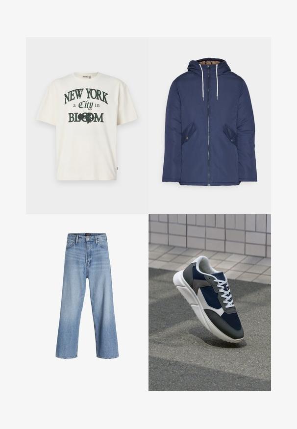 Marineblå polstret jakke med hette, med glidelås foran, to sidelommer med knapper og hvite snorer.; Kremfarget bomull t-skjorte med kort erm, med et trykt design som sier "NEW YORK en by i BLOOM" i mørkegrønn.; Lys blå denim vide bukser med høj talje, der har en knaplukning, fem-lomme design og subtilt slidte områder. Rette kanter.; Sneakers med en navy blå mesh-overdel, grå sømværk, hvit gummisåle og flate hvite snører, designet for komfort og pusteevne.