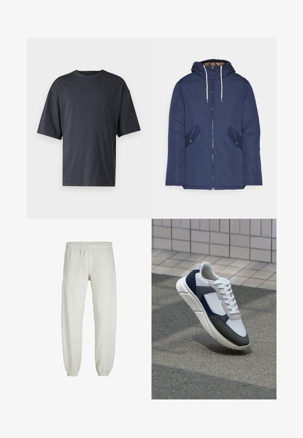 Mornarsko modra podložena jakna s kapuco, ki ima sprednji zadrgo, dva stranska žepa s gumbi in bele vrvice.; Temno siva majica s kratkimi rokavi iz lahkotnega bombaža, z ohlapnim krojem in klasičnim okroglim izrezom, z enostavno teksturo in brez vzorcev.; Bele trenerke narejene iz mehkega blaga, z elastičnim pasom in manšetami, gladke teksture in ohlapnega kroja.; Bela, mornarsko modra in siva športna obutev z mešano materialno zasnovo, ki vključuje teksturirano zgornji del, ravne vezalke in oblazinjen podplat.