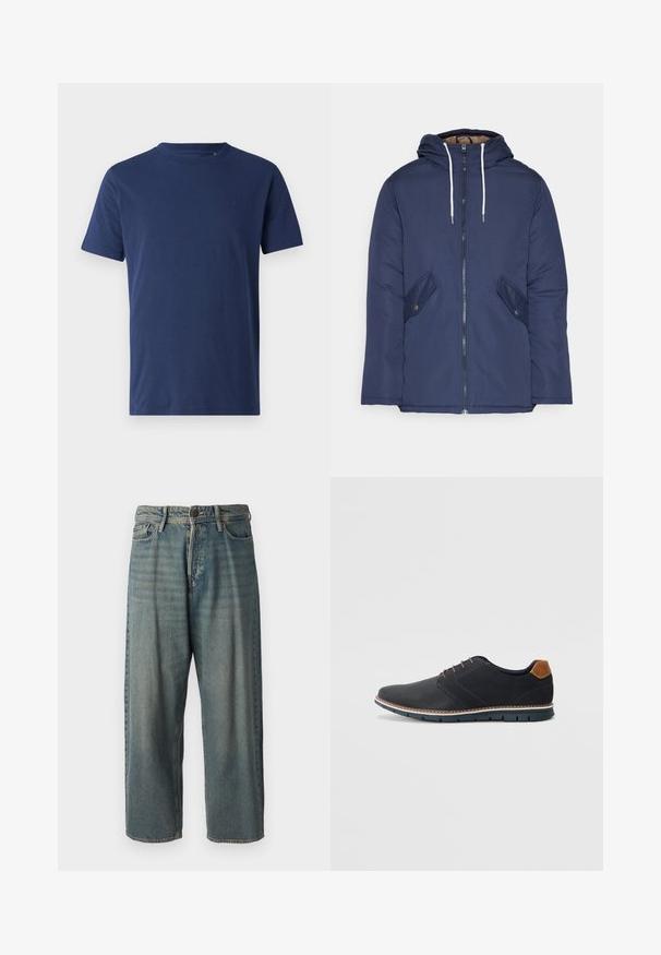 Casaco acolchoado azul-marinho com capuz, apresentando um fecho frontal com zíper, dois bolsos laterais com botões e cordões brancos.; T-shirt de manga curta azul marinho, com decote redondo, feito de algodão, apresentando um pequeno logotipo tonal no peito e uma textura suave.; Jeans de ganga azul claro com um corte solto, cintura média e pernas retas. Apresenta cinco bolsos, passadores de cinto e fecho com botão.; Sapatos sintéticos pretos com um upper texturizado, pormenores lisos, salto castanho e uma sola contrastante. Apresentam um sistema de atacadores mínimo e detalhes de costura.