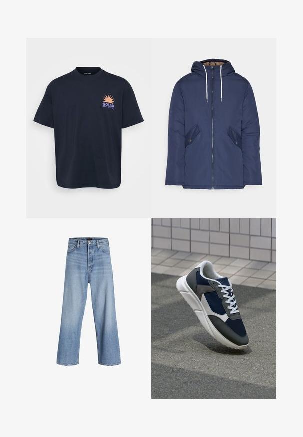 Jūras zila pufīgā jaka ar kapuci, kas aprīkota ar priekšējo rāvējslēdzēju, divām sānu kabatām ar pogām un baltiem aukliņām.; Melnas kokvilnas T-krekls ar saules grafiku un "SOLAR" tekstu oranžā un purpursarkanā krāsā. Īsām piedurknēm, apaļa kakla izgriezuma, brīva piegriezuma.; Gaiši zili džinsu bikses ar platām kājām un augstu jostu, kas aprīkotas ar pogu aizdari, piecu kabatu dizainu un vieglu izbalējušu efektu. Tīra apdare.; Sporta apavi ar tumši zilas krāsas tīkla augšdaļu, pelēku zamšādas akcentiem, baltu gumijas zoli un plakaniem baltiem šņorēm, kas izstrādāti komfortam un elpojamībai.