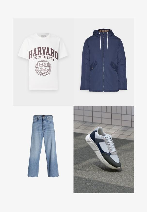 Marineblå polstret jakke med hette, med glidelås foran, to sidelommer med knapper og hvite snorer.; Hvit bomulls-T-skjorte med maroon "HARVARD UNIVERSITY" tekst og et sentralt emblem med ordet "VERITAS" i et skjolddesign.; Lys blå denim vide bukser med høj talje, der har en knaplukning, fem-lomme design og subtilt slidte områder. Rette kanter.; Hvitt, marineblått og grått sportsko med en blandet materialdesign, som har en teksturert overdel, flate snørebånd og en polstret såle.