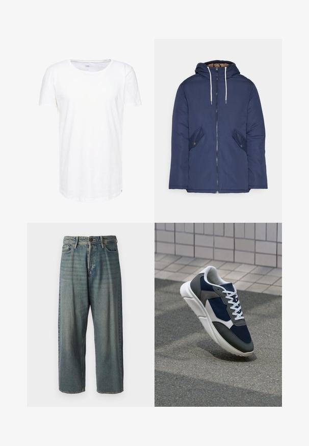 Casaco acolchoado azul-marinho com capuz, apresentando um fecho frontal com zíper, dois bolsos laterais com botões e cordões brancos.; Camiseta branca de manga curta feita de um tecido de algodão suave. Apresenta um decote redondo e um corte solto, com um rótulo discreto da marca na bainha.; Jeans de ganga azul claro com um corte solto, cintura média e pernas retas. Apresenta cinco bolsos, passadores de cinto e fecho com botão.; Sapatilha com parte superior em malha azul-marinho, detalhes em camurça cinza, sola de borracha branca e atacadores brancos planos, projetada para conforto e respirabilidade.