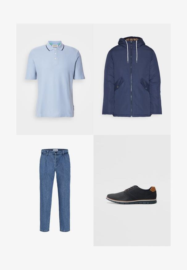 Jūrinė mėlyna pūkinė striukė su kapišonu, turinti priekinį užtrauktuką, dvi šonines kišenes su sagomis ir baltus raiščius.; Šviesiai mėlyna polo marškinėliai, pagaminti iš raiboto audinio, su dviem mygtukais, trumpomis rankovėmis ir tamsiai mėlynu apvadu ant apykaklės.; Šviesiai mėlyni džinsiniai kelnės su laisvu siluetu, turinčios aukštą juosmenį, dvi priekinės raukšles ir užlenktą apatinę dalį. Paprastas mygtuko ir užtrauktuko uždarymas.; Juodi sintetiniai batai su tekstūruotu paviršiumi, lygiomis detalėmis, ruda kulna ir kontrastingu padu. Yra minimalus raištelių užsidėjimas ir siuvimo detalės.