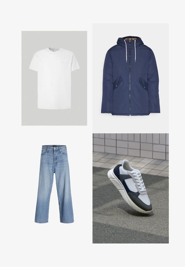 Jūras zila pufīgā jaka ar kapuci, kas aprīkota ar priekšējo rāvējslēdzēju, divām sānu kabatām ar pogām un baltiem aukliņām.; Balts kokvilnas T-krekls ar īsām piedurknēm un apaļu kakla izgriezumu. Ar krūšu daļā izcilu, maigākā tonī krāsotu logo. Gluda tekstūra, klasiskas formas.; Gaiši zili džinsu bikses ar platām kājām un augstu jostu, kas aprīkotas ar pogu aizdari, piecu kabatu dizainu un vieglu izbalējušu efektu. Tīra apdare.; Balti, tumši zili un pelēki sporta apavi ar jauktu materiālu dizainu, kuram ir teksturēts augšdaļa, plakani šņores un mīkstināta zole.