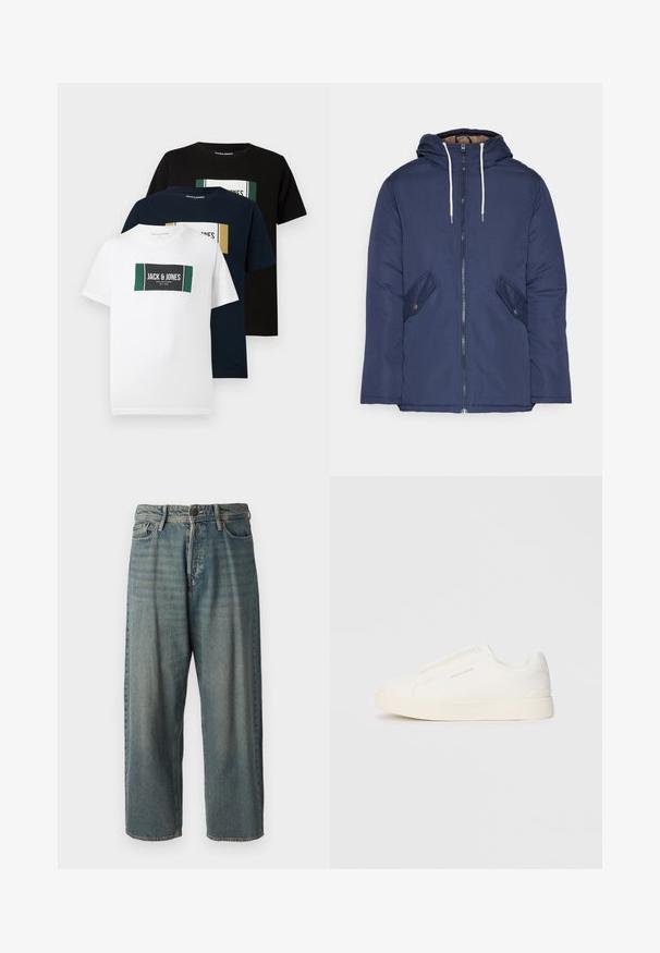 Marineblå polstret jakke med hette, med glidelås foran, to sidelommer med knapper og hvite snorer.; Tre T-skjorter: hvit, marineblå og svart. Hver av dem har et rektangulært grafisk motiv med "Jack & Jones"-merke og fargeakenter. Laget av bomull.; Lyseblå denimjeans med løs passform, midjehøyde og rette ben. Har fem lommer, beltehemper og knappelukking.; Hvite slip-on joggesko med teksturert overflate, tykk såle og minimalistisk design. Har merkevarelogo på siden.