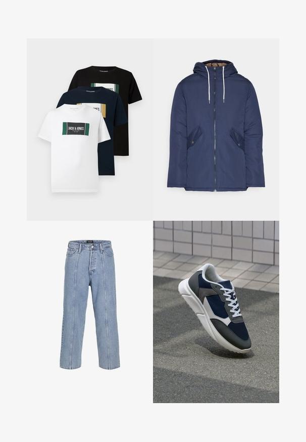 Granatowa pikowana kurtka z kapturem, z zamkiem z przodu, dwoma bocznymi kieszeniami z guzikami oraz białymi sznurkami.; Trzy T-shirty: biały, granatowy i czarny. Każdy z nich ma prostokątny nadruk z logo "Jack & Jones" oraz kolorowymi akcentami. Materiał bawełniany.; Jasnoniebieskie dżinsy o luźnym kroju, szerokich nogawkach i widocznych detalach szwów. Posiadają zapięcie na guzik i zamek błyskawiczny oraz pięć kieszeni.; Sneakers z granatową siateczkową cholewką, szarymi zamszowymi akcentami, białą gumową podeszwą i płaskimi białymi sznurówkami, zaprojektowane z myślą o komforcie i wentylacji.