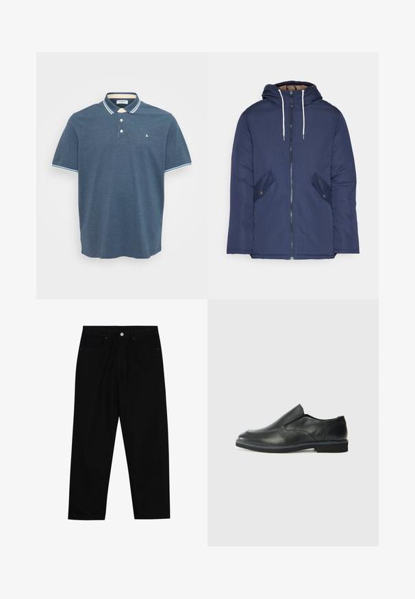 Chaqueta acolchada de color azul marino con capucha, cuenta con un cierre frontal de cremallera, dos bolsillos laterales con botones y cordones blancos.; Camisa polo de hombre azul de manga corta con cuello y bordes de las mangas a rayas en blanco y azul claro, tres botones frontales y un pequeño logo en el pecho.; Pantalones de mezclilla negra con corte recto, diseño de cinco bolsillos y cierre frontal con botón. Textura suave con detalles de costura mínimos.; Zapato negro de cuero sin cordones con un upper suave, detalles de costura, punta redonda y un bajo tacón de goma. La suela presenta una tracción mínima.