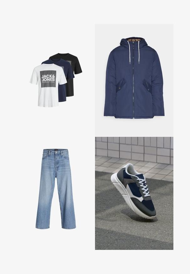 Laivasilkkinen vuorattu takki hupulla, jossa on etuvetoketju, kaksi nappikiinnityksellä varustettua sivutaskua ja valkoiset nyörit.; Kolme lyhythihaista t-paitaa valkoisena, laivastonsinisenä ja mustana. Jokaisessa on neliskulmainen graafinen muotoilu, jossa on paksulla tekstillä "JACK & JONES".; Vaaleansiniset farkut, joissa on leveät lahkeet ja korkea vyötärö. Niissä on napitettava vetskari, viisi taskua ja hienovarainen haalistuminen. Siistit helman viimeistelyt.; Kengät, joissa on tummansininen verkkopäällinen, harmaat mokka-yksityiskohdat, valkoinen kumipohja ja litteät valkoiset nauhat, suunniteltu mukavuutta ja hengittävyyttä varten.