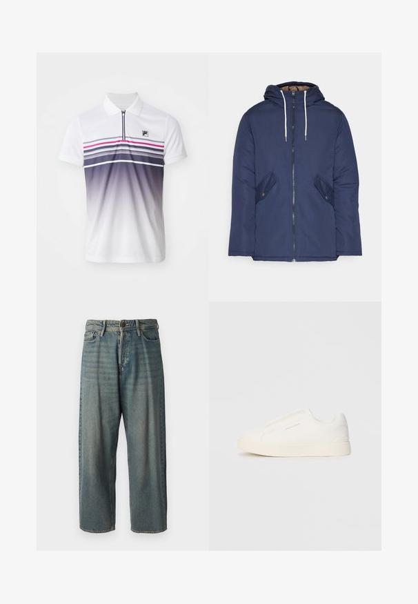 Laivasilkkinen vuorattu takki hupulla, jossa on etuvetoketju, kaksi nappikiinnityksellä varustettua sivutaskua ja valkoiset nyörit.; Valkoinen polo-paita lyhyillä hihoilla, etuvetoketjulla, vaakaraitoja purppuran, vaaleanpunaisen ja harmaan sävyissä, sekä pieni musta logo rinnassa.; Vaaleansiniset farkut, joissa on väljä istuvuus, keskikorkea vyötärö ja suorat lahkeet. Ominaisuuksiin kuuluvat viisi taskua, vyölenkit ja nappisulku.; Valkoiset liukusukat, joissa on teksturoitu pinta, paksu pohja ja minimalistikot. Sivulla on brändin logo.