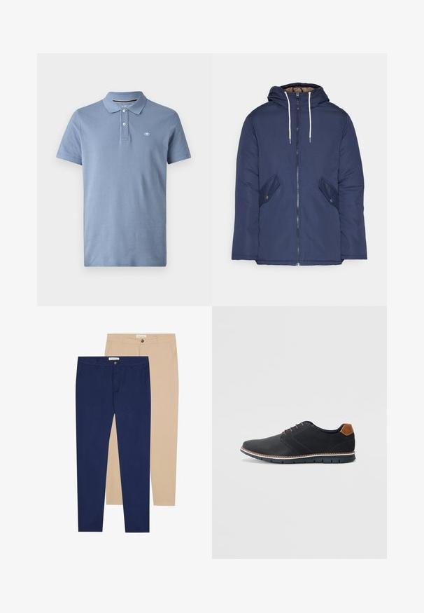 Chaqueta acolchada de color azul marino con capucha, cuenta con un cierre frontal de cremallera, dos bolsillos laterales con botones y cordones blancos.; Camisa polo de algodón en azul claro, con cuello estándar, tapeta de tres botones y un pequeño logo en el lado izquierdo del pecho. Mangas cortas.; Dos pares de pantalones: uno azul marino y uno beige. Ambos presentan un corte recto, cierre con botón y una textura de tela suave.; Zapatos sintéticos negros con un upper texturizado, acentos lisos, tacón marrón y una suela en contraste. Presenta un cordón mínimo y detalles de costura.