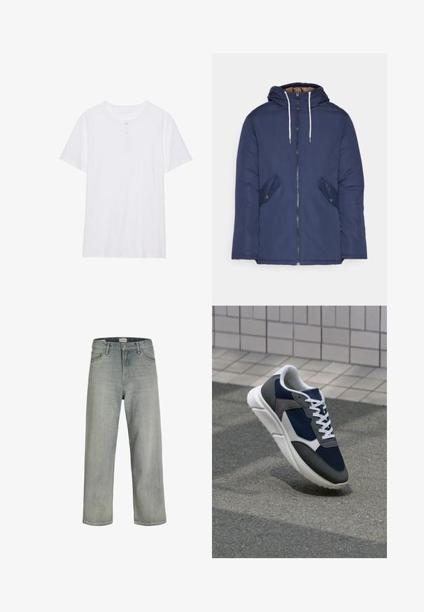 Jūras zila pufīgā jaka ar kapuci, kas aprīkota ar priekšējo rāvējslēdzēju, divām sānu kabatām ar pogām un baltiem aukliņām.; Balts īsām piedurknēm T-krekls ar apaļu kakla izgriezumu, trīs pogu slēdzeni un mīkstu kokvilnas audumu. Nav rakstu vai grafikas.; Gai pelēki, brīvi pieguļoši džinsi no denima. Iekļauj klasisku piecu kabatu dizainu, jostas cilpas un taisnu kāju siluetu.; Sporta apavi ar tumši zilas krāsas tīkla augšdaļu, pelēku zamšādas akcentiem, baltu gumijas zoli un plakaniem baltiem šņorēm, kas izstrādāti komfortam un elpojamībai.