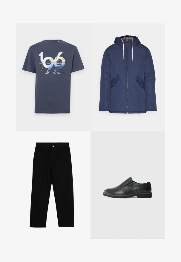 Chaqueta acolchada de color azul marino con capucha, cuenta con un cierre frontal de cremallera, dos bolsillos laterales con botones y cordones blancos.; Camiseta de algodón azul marino con estampados gráficos en negrita que incluyen los números "1962" y el texto de la marca, de manga corta y con cuello redondo.; Pantalones de mezclilla negra con corte recto, diseño de cinco bolsillos y cierre frontal con botón. Textura suave con detalles de costura mínimos.; Zapato negro de cuero sin cordones con un upper suave, detalles de costura, punta redonda y un bajo tacón de goma. La suela presenta una tracción mínima.