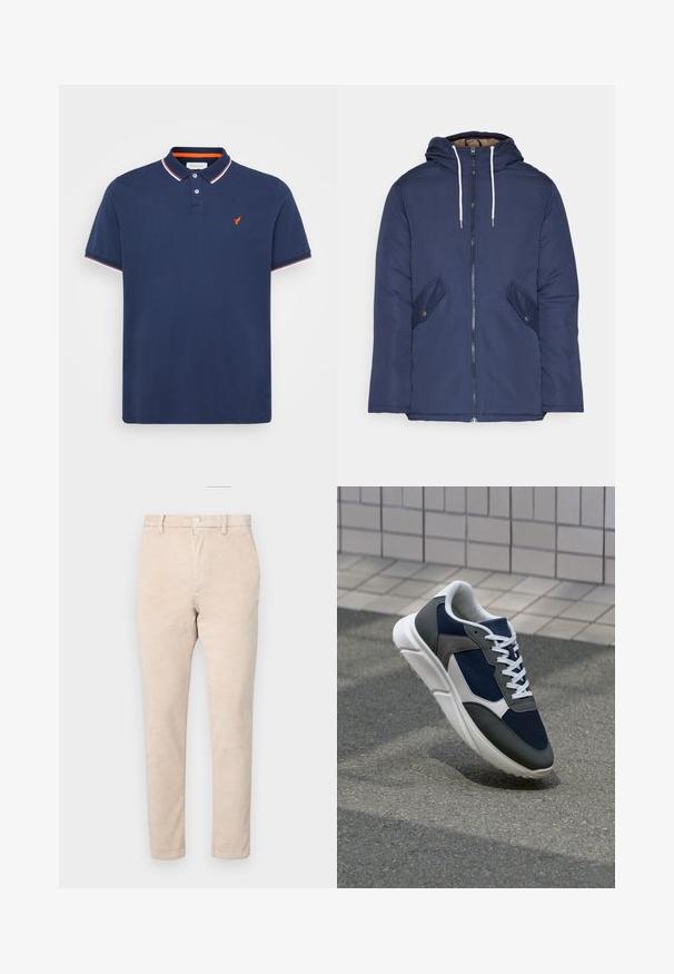 Chaqueta acolchada de color azul marino con capucha, cuenta con un cierre frontal de cremallera, dos bolsillos laterales con botones y cordones blancos.; Polo de color azul marino hecho de algodón, con una tapeta de dos botones, mangas cortas y un ribete en el cuello de color rojo y blanco. Presenta un pequeño logotipo naranja.; Pantalones de pana beige con diseño de pierna recta, que cuentan con cierre de botón, trabillas para cinturón y una sutil textura acanalada.; Zapatillas con una parte superior de malla azul marino, detalles en gamuza gris, suela de goma blanca y cordones blancos planos, diseñadas para la comodidad y transpirabilidad.