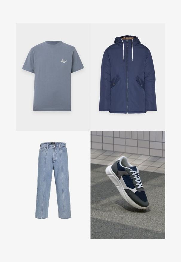 Navy blue padded jacket with a hood, featuring a front zipper, two side pockets with buttons, and white drawstrings.; Short-sleeve t-shirt in slate blue cotton, featuring a round neck and a small white logo print on the left chest. Standard fit.; Light blue denim jeans with a loose fit, wide legs, and visible stitching details. Features a button and zip fly closure, five pockets.; Sneaker featuring a navy blue mesh upper, gray suede accents, white rubber sole, and flat white laces, designed for comfort and breathability.