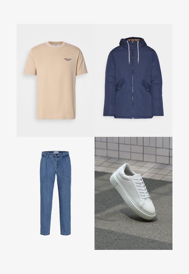 Námornícky modrá vystužená bunda s kapucňou, so zipsom vpredu, dvomi bočnými vreckami s gombíkmi a bielymi šnúrkami.; Béžové bavlnené tričko s krátkymi rukávmi, okrúhlym výstrihom a malým námorníckym logom na ľavej hrudi. Hladká textúra, jednoduchý dizajn.; Svetlomodré džíny s uvoľneným strihom, s vysokým pásom, dvoma prednými záhybmi a obrubovaným lemom. Jednoduché zapínanie na gombík a zips.; Biele kožené tenisky s hladkým povrchom, okrúhlym špičkou a plochými bielymi šnúrkami. Obsahuje štruktúrovanú gumovú podrážku a minimalistický dizajn.