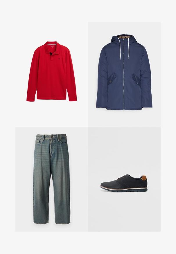 Jachetă căptușită bleu marin cu glugă, având un fermoar frontal, două buzunare laterale cu nasturi și șnururi albe.; Cămașă polo roșie cu mânecă lungă și guler, având un accent albastru închis și un logo mic pe piept. Fabricată din material moale de bumbac.; Jeans din denim bleu deschis, cu o croială lejeră, talie medie și picioare drepte. Au cinci buzunare, bucle pentru curea și închidere cu nasture.; Pantofi sintetici negri cu un superior texturat, accente netede, toc maro și o talpă contrastantă. Prezintă un șnur minimalist și detalii de cusătură.