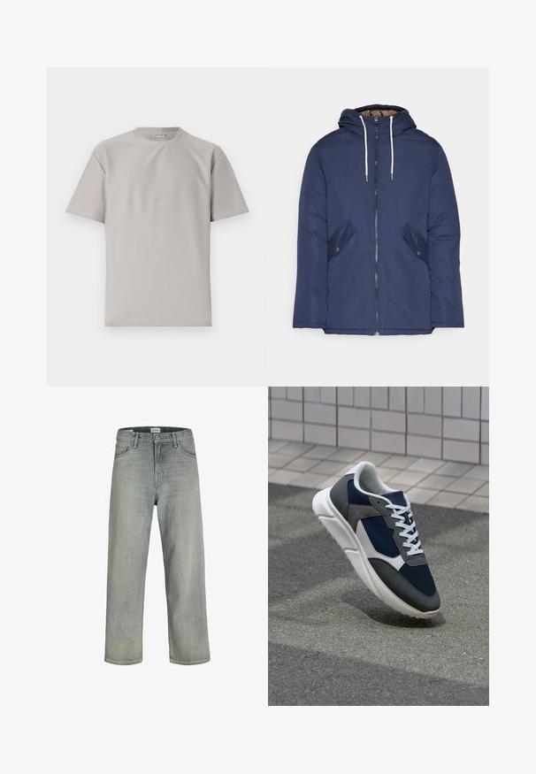 Chaqueta acolchada de color azul marino con capucha, cuenta con un cierre frontal de cremallera, dos bolsillos laterales con botones y cordones blancos.; Camiseta de rayas gris claro con cuello redondo y mangas cortas. Presenta una textura suave y un diseño limpio, apta para un uso casual.; Vaqueros de mezclilla de un gris claro y corte holgado. Presentan un diseño clásico de cinco bolsillos, pasadores de cinturón y una silueta de pierna recta.; Zapatillas con una parte superior de malla azul marino, detalles en gamuza gris, suela de goma blanca y cordones blancos planos, diseñadas para la comodidad y transpirabilidad.