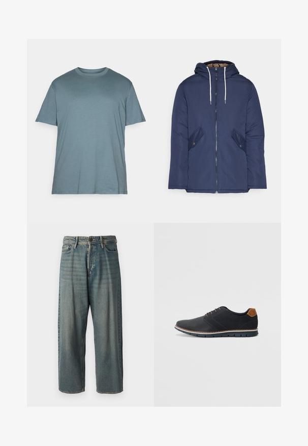 Marineblå polstret jakke med hette, med glidelås foran, to sidelommer med knapper og hvite snorer.; Jack & Jones JJEBRADLEY NOOS - T-shirts - goblin blue; Lyseblå denimjeans med løs passform, midjehøyde og rette ben. Har fem lommer, beltehemper og knappelukking.; Sorte syntetiske sko med en teksturert overdel, glatte detaljer, brun hæl og en kontrastfarge på sålen. Har minimalt snøring og sømdetaljer.