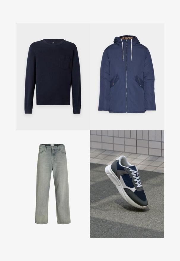 Mornarsko modra podložena jakna s kapuco, ki ima sprednji zadrgo, dva stranska žepa s gumbi in bele vrvice.; Mornarsko dolg rokav T-shirt iz bombaža, z okroglim ovratnikom in majhnim žepkom na levi strani prsi. Gladka tekstura.; Svetlo sivi, široki traperice iz denima. Ima klasični dizajn s pet džepova, petlje za remen i ravno krojenje.; Superge z zgornjim delom iz mrežaste tkanine v mornarsko modri barvi, sivi usnjeni poudarki, belo gumijasto podplato in ravnimi belimi vezalkami, zasnovane za udobje in zračnost.