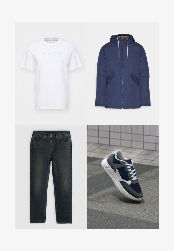 Námorně modrá prošívaná bunda s kapucí, která má přední zip, dvě boční kapsy s knoflíky a bílé šňůrky.; Bílá bavlněná tričko s krátkým rukávem a kulatým výstřihem. Na hrudi je prostoupené logo "LEVI'S" světle modré barvy.; Tmavě modré džíny z denimu se střihy rovnými nohavicemi, obsahující pět kapes, zipový pas a kontrastní šití. Jemné blednutí na látce.; Tenisky s horní částí z námornicky modré síťoviny, šedými semišovými akcenty, bílou gumovou podrážkou a plochými bílými tkaničkami, navržené pro pohodlí a prodyšnost.