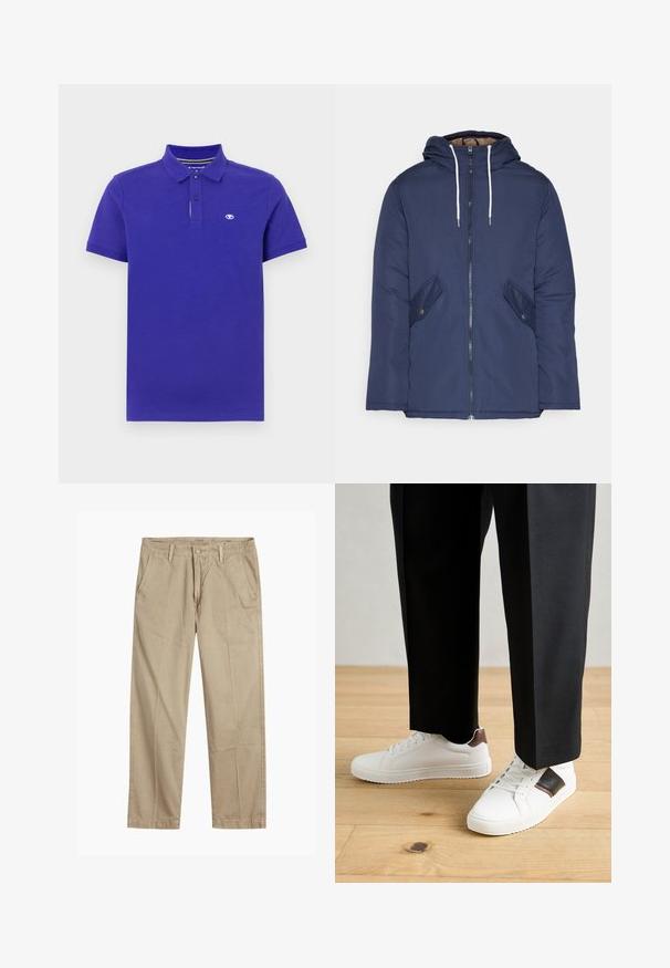 Mornarsko modra podložena jakna s kapuco, ki ima sprednji zadrgo, dva stranska žepa s gumbi in bele vrvice.; Polo majica iz temno vijoličnega bombaža, z dvema gumboma na zapenjanju, kratkimi rokavi in majhnim logotipom na levem prsnem delu. Mehka tekstura.; Bežne bež hlače ravnega kroja z zanko za pas, sprednjim gumbom in zadrgo ter bočnimi žepki.; Beli športni copati z gladko teksturo, okrašeni z rjavimi usnjenimi detajli in črnimi poudarki, v kombinaciji s črnimi krojenimi hlačami. Ozadje iz lesenih tal.