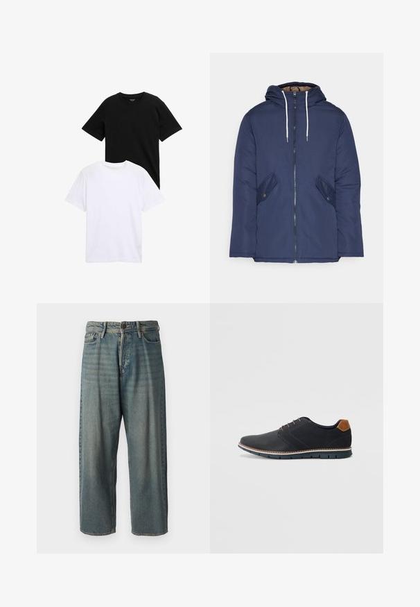 Jūrinė mėlyna pūkinė striukė su kapišonu, turinti priekinį užtrauktuką, dvi šonines kišenes su sagomis ir baltus raiščius.; Juodų ir baltų medvilninių trumpų rankovių marškinėliai, pasižymintys apvalios iškirptės dizainu ir lygiu paviršiumi. Abu marškiniai yra sudėti vienas ant kito.; Šviesiai mėlyni džinsai su laisvu siluetu, vidutinio aukščio juosmeniu ir tiesiomis kojomis. Su penkiais kišenėmis, diržo kilpo ir mygtukų uždarymu.; Juodi sintetiniai batai su tekstūruotu paviršiumi, lygiomis detalėmis, ruda kulna ir kontrastingu padu. Yra minimalus raištelių užsidėjimas ir siuvimo detalės.