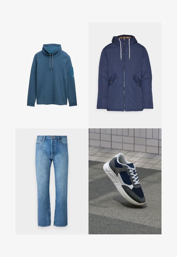 Giacca imbottita blu navy con cappuccio, dotata di zip frontale, due tasche laterali con bottoni e lacci bianchi.; Pullover blu a maniche lunghe con colletto alto, dettaglio con cordoncino e una toppa a contrasto sulla manica sinistra. Tessuto morbido e testurizzato.; Jeans in denim azzurro chiaro con taglio dritto, caratterizzati da un classico design a cinque tasche, chiusura con bottone e cuciture a contrasto.; Sneaker con tomaia in rete blu navy, inserti in suede grigio, suola in gomma bianca e lacci bianchi piatti, progettata per comfort e traspirabilità.
