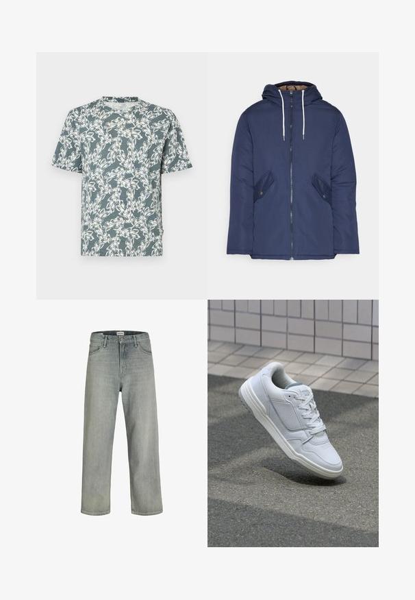 Jūrinė mėlyna pūkinė striukė su kapišonu, turinti priekinį užtrauktuką, dvi šonines kišenes su sagomis ir baltus raiščius.; Mėlynos spalvos trumpomis rankovėmis marškinėliai, dekoruoti balta gėlių raštu. Pagaminti iš lengvo audinio su laisvu siluetu.; Šviesiai pilkos, laisvai krentančios džinsinės kelnės. Turi klasikinį penkių kišenių dizainą, diržo kilpas ir tiesius kojų siluetus.; Baltos odinės sportinės bateliai su perforuotais šonais, tekstūruotais akcentais, plokščiomis raištelėmis ir kontrastingu pilku kulnu. Yra šiek tiek pakelti padas.