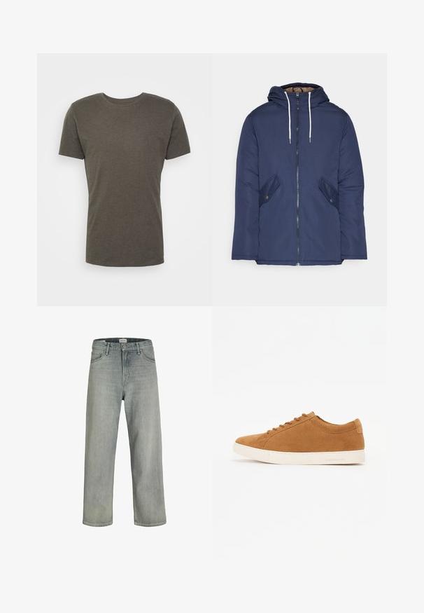 Casaco acolchoado azul-marinho com capuz, apresentando um fecho frontal com zíper, dois bolsos laterais com botões e cordões brancos.; KnowledgeCotton Apparel ALDER TEE - T-shirt básica - green; Jeans soltos de cor cinza claro feitos de denim. Apresentam um design clássico de cinco bolsos, passadores para cinto e uma silhueta de perna reta.; Sneakers de camurça castanha com um design de cano baixo, sola de borracha branca e bico redondo. Apresentam cordões combinando e uma marcação mínima no calcanhar.