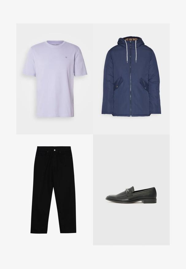 Laivasilkkinen vuorattu takki hupulla, jossa on etuvetoketju, kaksi nappikiinnityksellä varustettua sivutaskua ja valkoiset nyörit.; Vaaleanliila puuvillainen t-paita, jossa on pyöreä kaula-aukko, lyhyet hihat ja pieni brodeeratun logo rintataskussa. Pehmeä rakenne ja normaali mitoitus.; Mustat farkut suoraan lahkeella, viisi taskua ja etunappikiinnitys. Sileä rakenne, jossa on vain vähäisiä ompelualueita.; Musta nahkakengät, joissa on sileä pinta, koristeelliset ompeleet ja metalliketjun yksityiskohta kengän päällä. Littee korko.