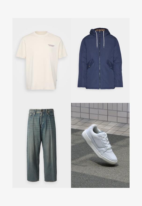 Jūrinė mėlyna pūkinė striukė su kapišonu, turinti priekinį užtrauktuką, dvi šonines kišenes su sagomis ir baltus raiščius.; Kreminio spalvos medvilnės marškinėliai su apykakle, trumpomis rankovėmis ir mažu mėlynu bei raudonu „ATELIER ORIGINALS“ raštu ant krūtinės.; Šviesiai mėlyni džinsai su laisvu siluetu, vidutinio aukščio juosmeniu ir tiesiomis kojomis. Su penkiais kišenėmis, diržo kilpo ir mygtukų uždarymu.; Baltos odinės sportinės bateliai su perforuotais šonais, tekstūruotais akcentais, plokščiomis raištelėmis ir kontrastingu pilku kulnu. Yra šiek tiek pakelti padas.