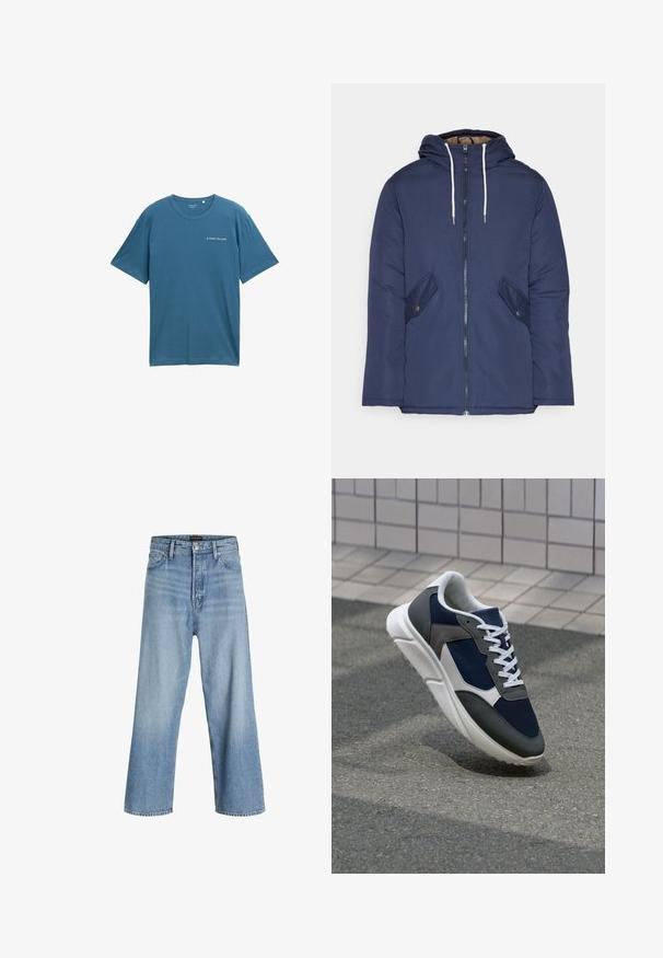 Námornícky modrá vystužená bunda s kapucňou, so zipsom vpredu, dvomi bočnými vreckami s gombíkmi a bielymi šnúrkami.; Modrá bavlnená tričko s krátkymi rukávmi a okrúhlym výstrihom. Na ľavej strane hrudníka sa nachádza malé biele logo. Jednoduchý dizajn, žiadne vzory.; Svetlomodré široké džínsy vyrobené z denimu, s vysokým pásom, klasickým päťvreckovým dizajnom a zapínaním na gombík s predným zipsom.; Tenisky s sieťovinou v námorníckej modrej farbe, so sivými semišovými detailmi, bielou gumovou podrážkou a plochými bielymi šnúrkami, navrhnuté pre pohodlie a priedušnosť.