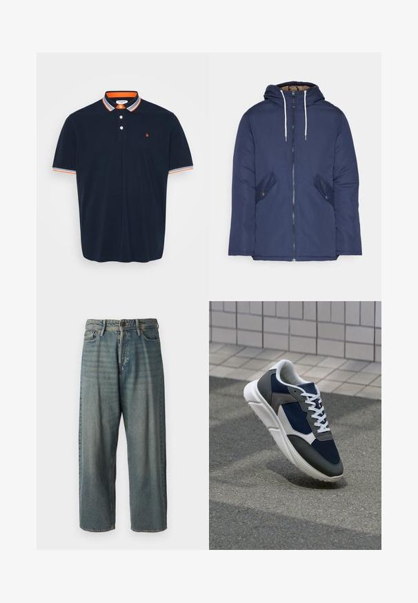 Jūrinė mėlyna pūkinė striukė su kapišonu, turinti priekinį užtrauktuką, dvi šonines kišenes su sagomis ir baltus raiščius.; Tamsiai mėlynas polo marškinėlis iš medvilnės, su apykakle, kuri turi oranžines ir pilkas juosteles, trijų mygtukų užsegimą ir mažą siuvinėtą logotipą ant krūtinės.; Šviesiai mėlyni džinsai su laisvu siluetu, vidutinio aukščio juosmeniu ir tiesiomis kojomis. Su penkiais kišenėmis, diržo kilpo ir mygtukų uždarymu.; Sportiniai bateliai su tamsiai mėlynu tinkliniu viršumi, pilkais zomšiniais akcentais, balta guma padanga ir plokščiomis baltomis raištelėmis, sukurti komfortui ir oro pralaidumui.