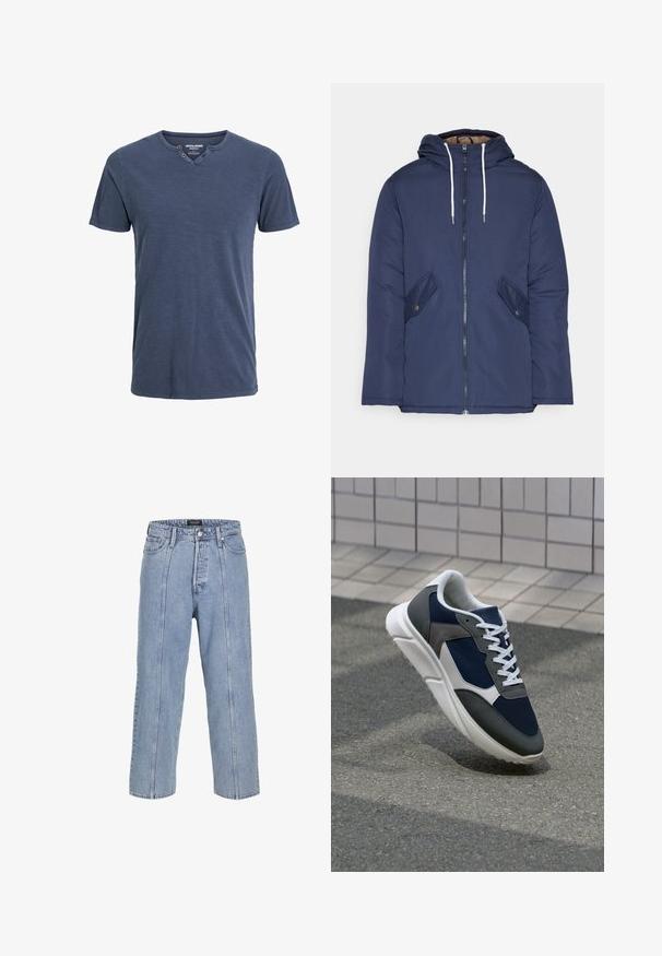 Marinblå vadderad jacka med huva, som har en framdragkedja, två sidofickor med knappar och vita dragsnören.; Mörkblå t-shirt med kort ärm, tillverkad av mjukt material, med en V-hals och två knappdekorationer på ena sidan samt en avslappnad passform.; Ljusblå denimjeans med lös passform, vida ben och synliga sömnadsdetaljer. Funktioner en knapp- och dragkedjestängning samt fem fickor.; Sko med överdel i marinblå mesh, grå mockadetaljer, vit gummisula och platta vita snören, designad för komfort och andningsförmåga.