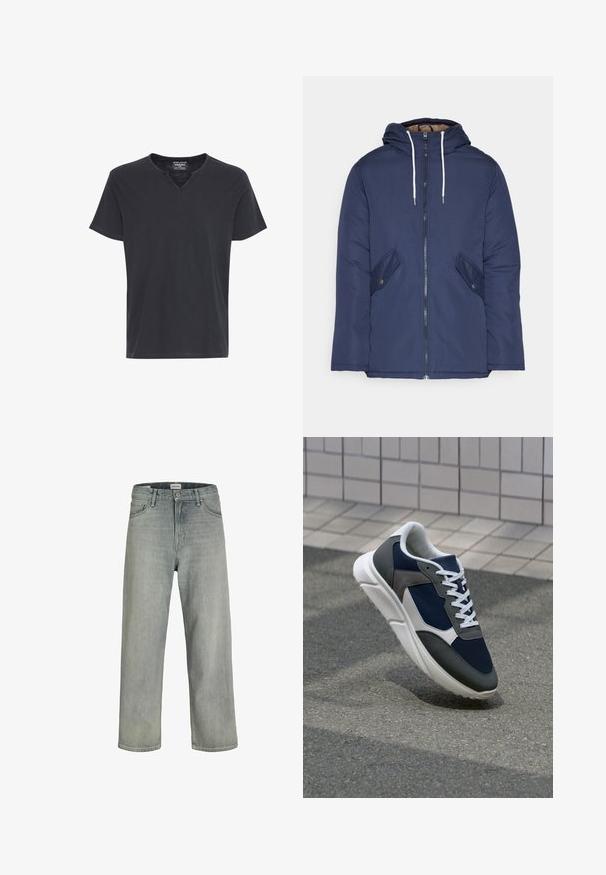 Jūras zila pufīgā jaka ar kapuci, kas aprīkota ar priekšējo rāvējslēdzēju, divām sānu kabatām ar pogām un baltiem aukliņām.; Vīriešu tumši pelēks īsās piedurknes V veida kakla T-krekls. Izgatavots no mīksta auduma ar brīvu piegriezumu un kontrastējošu šuvju ap kaklu un piedurkm.; Gai pelēki, brīvi pieguļoši džinsi no denima. Iekļauj klasisku piecu kabatu dizainu, jostas cilpas un taisnu kāju siluetu.; Sporta apavi ar tumši zilas krāsas tīkla augšdaļu, pelēku zamšādas akcentiem, baltu gumijas zoli un plakaniem baltiem šņorēm, kas izstrādāti komfortam un elpojamībai.