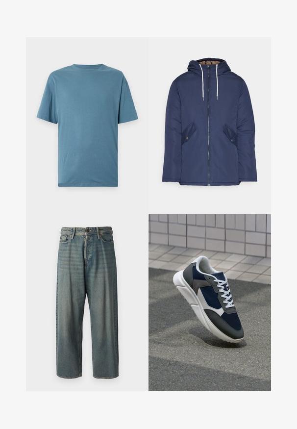 Marineblå polstret jakke med hette, med glidelås foran, to sidelommer med knapper og hvite snorer.; Lys blå kortermet t-skjorte laget av mykt stoff. Har rund hals og en avslappet passform uten mønstre eller dekorasjoner.; Lyseblå denimjeans med løs passform, midjehøyde og rette ben. Har fem lommer, beltehemper og knappelukking.; Sneakers med en navy blå mesh-overdel, grå sømværk, hvit gummisåle og flate hvite snører, designet for komfort og pusteevne.