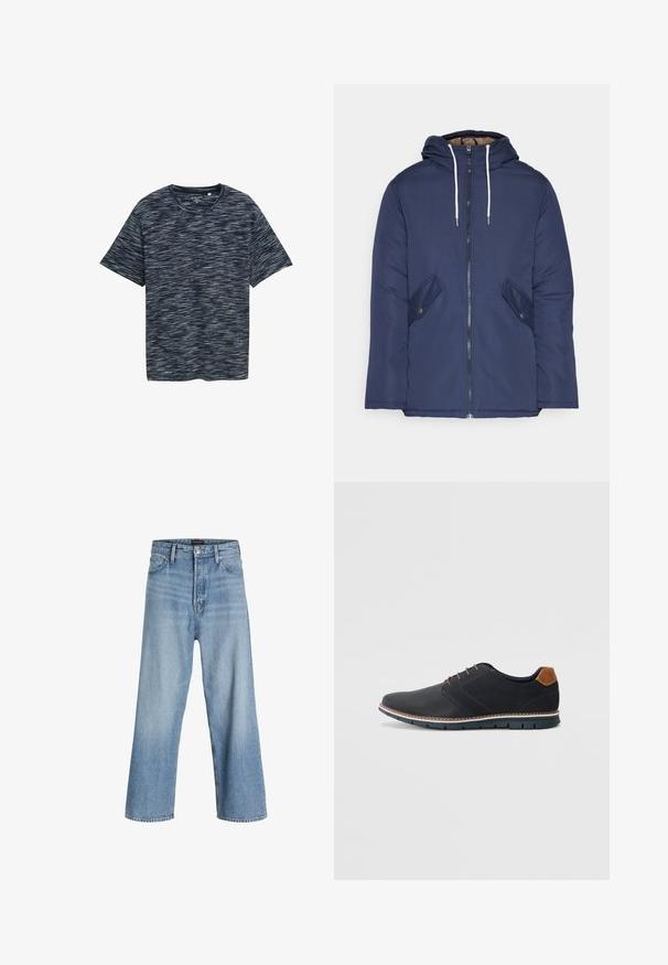 Tumesinine vahtkatseline jakk, millel on kapuuts, esilukk, kaks küljetaskut nupuga ja valged tõmblukud.; Lühikese varrukaga tume sinine T-särk, millel on tekstuuriga laineline muster heledamates toonides. Ümmargune kaelus ja mugav lõige. Pehme kangas.; Heledad heled sinine denimist laiad püksid, millel on kõrge vöökoht, klassikaline viie taskuga disain ning nööbiga sulgemine ja tõmbluku avamine.; Mustavad sünteetilised jalatsid tekstureeritud pealsega, siledad aktsendid, pruun kand ja kontrastne tall. Omab minimaalset lukkude ja õmbluste dekoratsiooni.