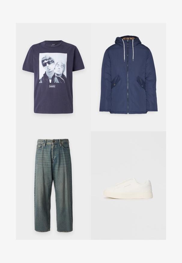 Námornícky modrá vystužená bunda s kapucňou, so zipsom vpredu, dvomi bočnými vreckami s gombíkmi a bielymi šnúrkami.; Námornícke modré bavlnené tričko s veľkým grafickým potlačou dvoch mužských postáv. Text "oasis" je umiestnený centrálne pod obrázkom. Krátke rukávy, okrúhly výstrih.; Svetlomodré denimové nohavice so voľným strihom, stredne vysokým pásom a rovnými nohavicami. Obsahujú päť vreciek, pútka na opasok a zapínanie na gombík.; Biele slip-on tenisky s textúrovaným povrchom, hrubou podrážkou a minimalistickým dizajnom. Obsahuje logo značky na boku.