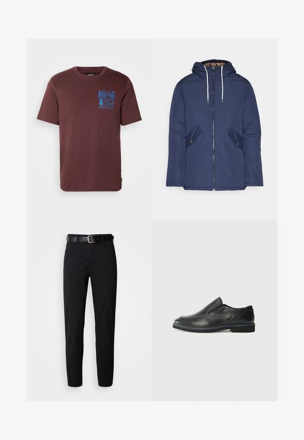 Jūras zila pufīgā jaka ar kapuci, kas aprīkota ar priekšējo rāvējslēdzēju, divām sānu kabatām ar pogām un baltiem aukliņām.; Karmī sarkans kokvilnas t-krekls ar zilu grafisku dizainu un tekstu "Minds Eye" un zīmola nosaukumu. Īsas piedurknes un apaļš kakls.; Melnas bikses ar taisnu griezumu, ar gludu tekstūru un melnu ādas jostu ar sudraba sprādzi. Vienkāršs dizains, bez rakstiem vai akcentiem.; Melnas ādas slip-on kurpes ar gludu augšdaļu, izšūtām akcentiem, noapaļotu purngala daļu un zemu gumijas papēdi. Zole ar minimālu rakstu.