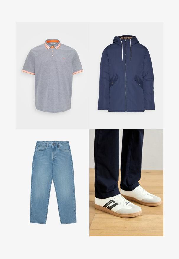Marineblå polstret jakke med hette, med glidelås foran, to sidelommer med knapper og hvite snorer.; Grå polo skjorte laget av bomull med strukturell finish, med oransje detaljer på kragen og ermene. Tre-knapps placket.; Lyseblå denim brede benbukser med høy midje, som har fem lommer, beltehemper og en myk, lett falmet tekstur.; Hvite og grå sneakers med svarte striper, laget av lær, med gummisåle og flate lisser. Brukt med marineblå bukser på et trefloor.