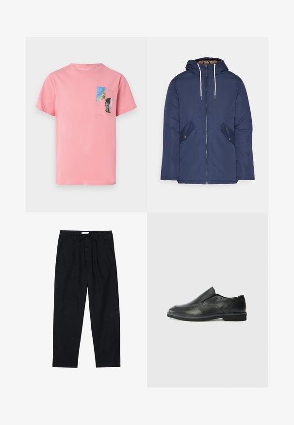 Námornícky modrá vystužená bunda s kapucňou, so zipsom vpredu, dvomi bočnými vreckami s gombíkmi a bielymi šnúrkami.; Ružová bavlnená tričko s krátkymi rukávmi. Obsahuje potlač v modrej, zelenej a čiernej farbe, vrátane textu a geometrických tvarov na prednej strane.; Pier One Nohavice chinos - black; Čierny kožený nazúvací topánka s hladkým zvrškom, prešitými akcentmi, zaoblenou špičkou a nízkym gumovým podpätkom. Podošva má minimálny dezén.