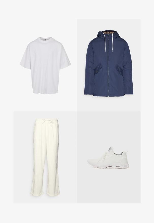 Tumesinine vahtkatseline jakk, millel on kapuuts, esilukk, kaks küljetaskut nupuga ja valged tõmblukud.; Valge puuvillane T-särk klassikalise kaeluse ja lühikeste varrukatega, millel on lahtine lõige ja õrnad õmblusdetailid.; Lina püksid tühjas valges, millel on paelaga vöökoht, veidi laiemad sääred ja keeratud varrud mugavaks istumiseks. Taskud puuduvad.; Valged sportijalatsid, millel on tekstuuriga kudum peal, lame paelad ja pehmendatud tallad nähtavate õhukambritega täiendava toe jaoks.