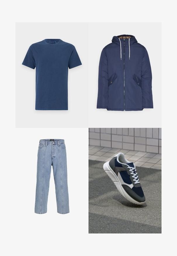 Navy blue padded jacket with a hood, featuring a front zipper, two side pockets with buttons, and white drawstrings.; Navy blue cotton t-shirt with a crew neck, short sleeves, and a straight cut. Smooth texture, no visible patterns or embellishments.; Light blue denim jeans with a loose fit, wide legs, and visible stitching details. Features a button and zip fly closure, five pockets.; Sneaker featuring a navy blue mesh upper, gray suede accents, white rubber sole, and flat white laces, designed for comfort and breathability.