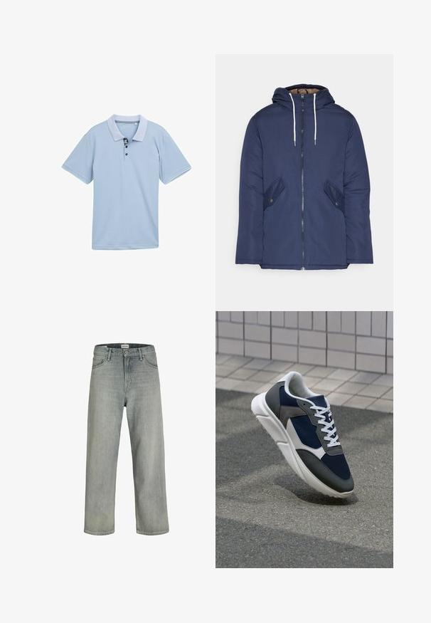 Sötétkék bélelt dzseki kapucnival, elülső cipzárral, két oldalsó zsebbel gombokkal és fehér húzózsinórokkal.; Világoskék póló, két színű gallérral, három gombos nyakkal és rövid ujjakkal. Simább, légáteresztő anyagból készült.; Világosszürke, laza szabású farmernadrág. Klasszikus öt zsebes dizájn, övhurkok és egyenes szárú fazon jellemzi.; Cipő, amelynek sötétkék hálós felsőrésze, szürke velúr díszítései, fehér gumitalpa és lapos fehér fűzője van, a kényelem és a légáteresztő képesség érdekében tervezve.